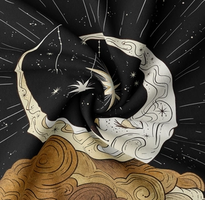 Detailed macro view showing the textured starry moon fabric weave and soft celestial pattern