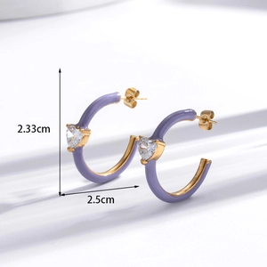 Elegant C-shaped lavender enamel earrings with heart-shaped zircon and golden finish