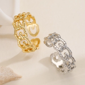 Minimalist Adjustable Open Ring Copper Real Gold Plated Hollow Geometric Chain Texture Fashion Jewelry For Women