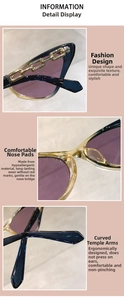 Detail view of cat eye sunglasses featuring golden metal chain accents on the temples
