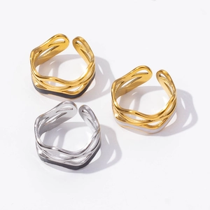 Adjustable stainless steel wave rings in gold and silver with black enamel inlay