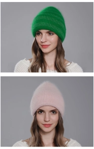Detail of the soft, long-fur rabbit hair blend texture on this ribbed knit winter hat