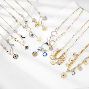 Collier Multi Pendentifs En Alliage Strass Pour Femmes Œil Maléfique Main De Hamsa Étoile Lune Pièce Bijoux Bohémiens