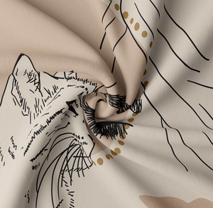 Detailed macro shot of bohemian tapestry fabric with minimalist cat patterns and yellow dots