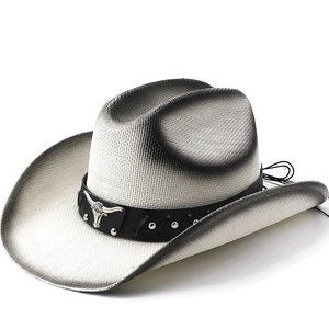 Chapeau De Cowboy Occidental En Paille De Papier Tressée Large Bord Décor Tête De Taureau Rétro Chapeau De Soleil Hommes Femmes
