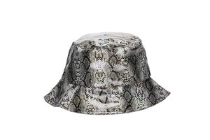 Close-up of the glossy snakeskin print texture on this fashion PVC bucket hat