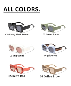 Square frame sunglasses available in six colors including black, green, and blue