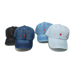 Denim baseball caps with heart embroidery in four vintage washed colors for a casual look