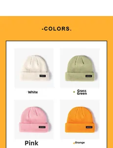 Detail showing knit beanies in white, green, pink, and orange with brand patches