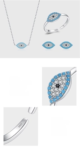 Macro details of S925 sterling silver evil eye jewelry set with turquoise and pave diamonds