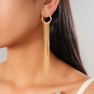 Detailed view of 18K gold plated long tassel drop earrings with circular stud on model