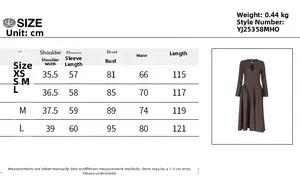 Size chart showing XS to L measurements for the long sleeve hollow A-line dress