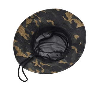 Outdoor jungle camo sun hat with breathable black mesh lining and adjustable chin strap