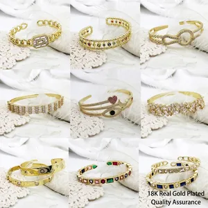 18K Gold Plated Copper Open Bracelet For Women Fashion Micro Paved Cubic Zirconia Geometric Evil Eye Heart Bangle Jewelry