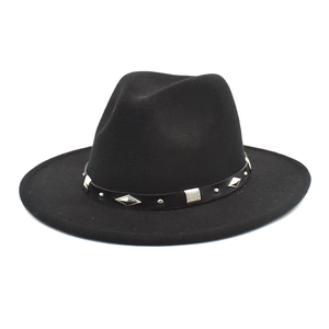 Classic black wool fedora hat with a studded leather belt and vintage wide brim