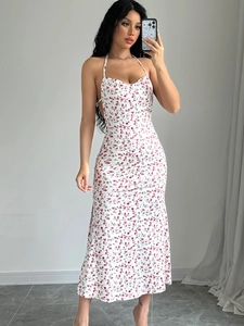 Floral Halter Midi Dress Polyester Spandex Backless Sleeveless Side Slit Slim Sexy Sweet Women Summer Beach Wear