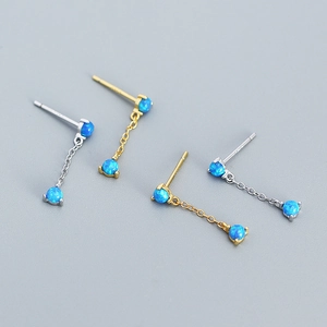 Blue Opal Tassel Drop Earrings With 925 Sterling Silver Earring Post Geometric Chain Long Dangle Jewelry For Women