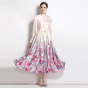 Pink satin maxi dress with floral print featuring high neck and lantern sleeves