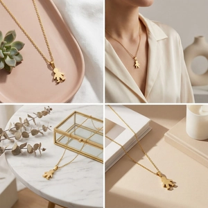 Detailed views of a gold boy pendant necklace with a polished finish and thin chain