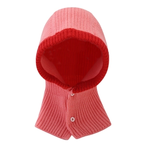 Pink knitted balaclava hood with red trim and buttons for winter warmth and protection
