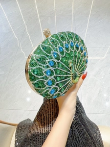 Green peacock rhinestone evening clutch bag with gold frame for wedding and party use