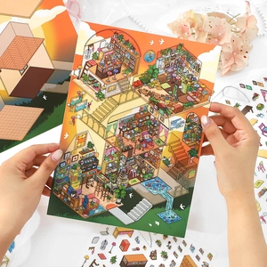 DIY miniature house themed 3D scenery stickers and decorative cards for journals