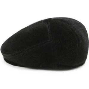 Mens winter flat cap with ear protection in thick black plush fabric for cold weather