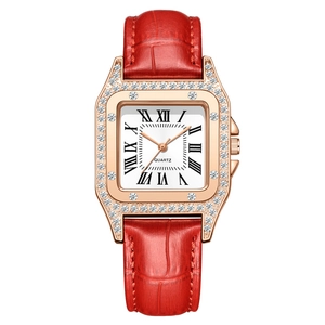 Elegant rose gold square women's watch with rhinestone bezel and red leather strap
