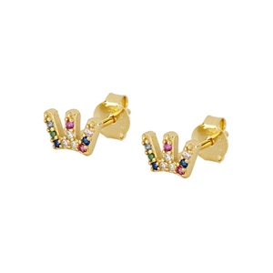 Elegant gold crown stud earrings with s925 silver needles and colorful zircon stones