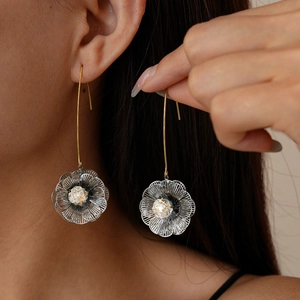 18K gold-plated floral earrings with multilayer hollow design and clear zirconia crystals