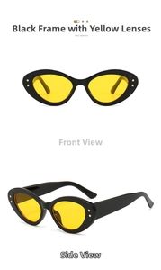 Detail of oval cat eye sunglasses with yellow lenses and gold star accents on black frames