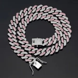 Iced out pink and white diamond silver Cuban link chain necklace for hip hop jewelry
