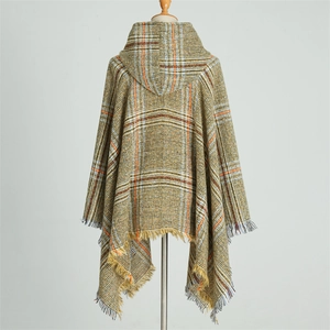 Plaid hooded poncho with tassels in brown and green, faux cashmere warm shawl back view