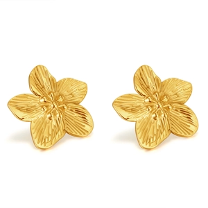 French retro gold-plated stainless steel five-petal flower stud earrings on white background