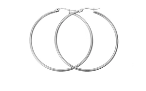 Close-up of classic polished silver stainless steel large hoop earrings with snap closure
