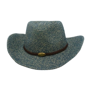 Chapeau de soleil style cowboy en paille bleu et blanc avec bande en cuir décorative