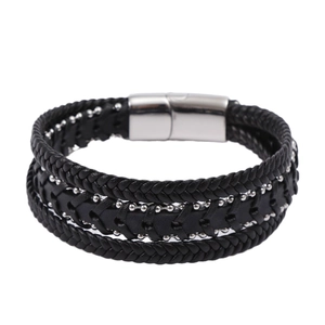 Men's double-layered braided leather bracelet with silver beads and magnetic steel clasp