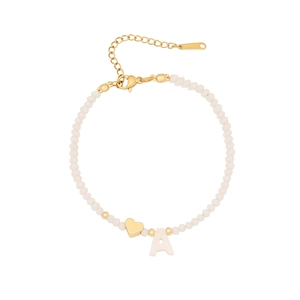 Beaded crystal bracelet with gold heart pendant and shell letter A charm