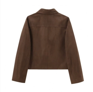 Detailed back view of a dark brown suede cropped blazer jacket for stylish street fashion