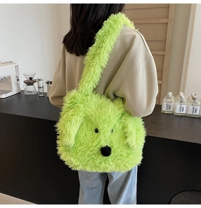 Detail of neon green plush dog-shaped tote bag worn over shoulder in cafe setting