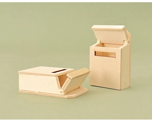 Detailed view of miniature wooden dollhouse mailboxes in natural finish with open lid