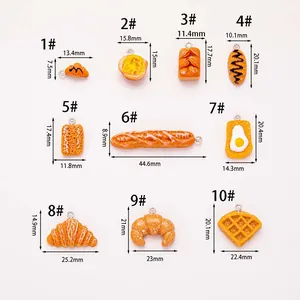 Detailed size chart for resin food pendants showing 10 miniature bakery bread styles