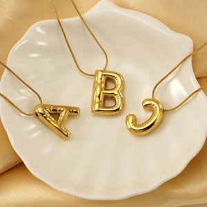 Puffy Alphabet Initial Necklace Stainless Steel Balloon Letter Pendant Snake Bone Chain Gold Plated Fashion Jewelry For Women