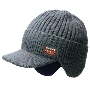Winter men's thermal knit hat with ear flaps and visor in a grey thick wool blend