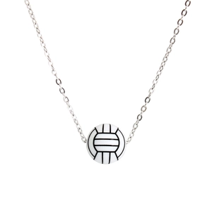 Close-up of a black and white volleyball pendant on a polished silver chain necklace