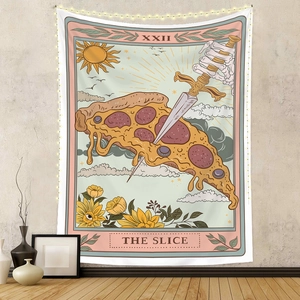 Detail of tarot tapestry featuring a pizza slice pierced by a dagger on a wall with lights