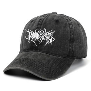 Washed black cotton baseball cap with white gothic embroidery and vintage finish
