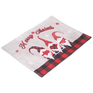 Christmas Gnome placemat featuring red plaid Merry Christmas design on linen fabric
