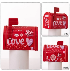Three views of a red Valentine's mailbox tin box showing front, side, and back angles