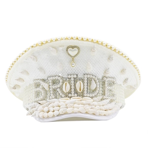White BRIDE captain hat with sequins, pearls and natural sea shells for bridal cosplay